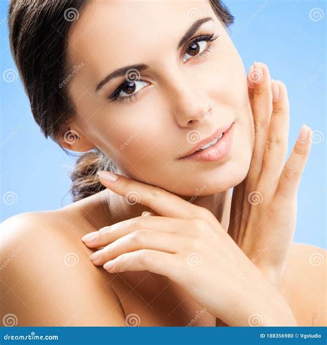 Woman With Naked Shoulders On Blue Stock Photo Image Of Shot People