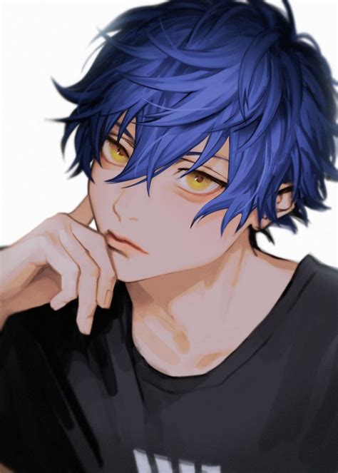 A Man With Blue Hair And Yellow Eyes Is Looking At The Camera While