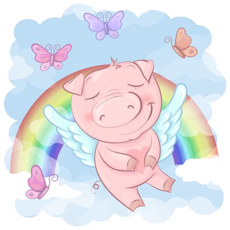 Illustration Of A Cute Pig Cartoon On A Rainbow Background Vector