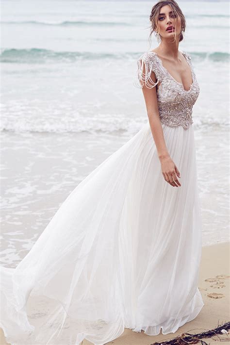 Sexy Beading A Line Chiffon V Neck Long Beachcoast Wedding Dresses Okdresses
