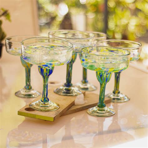 Colorful Recycled Glass Margarita Glasses Set Of 6 Tropical Confetti Novica