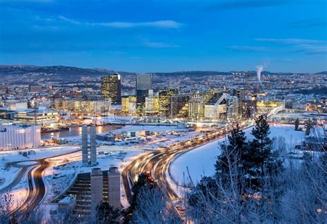 Oslo norway, night city skyline at business district and barcode. Oslo Skyline winter morning | Stock image | Colourbox