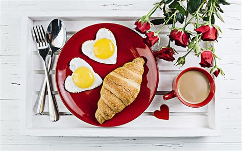 Breakfast Scrambled Eggs Croissants Coffee Roses Romantic