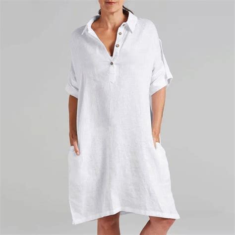 Women Summer White Dress Casual Short Sleeve Dresses V Neck Linen Party Loose Dresses With