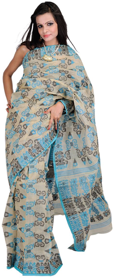 Beige Bengali Tant Sari With All Over Weave By Hand Exotic India Art