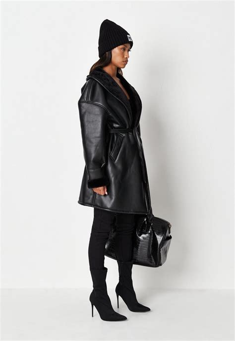Black Faux Leather Shearling Longline Coat | Missguided