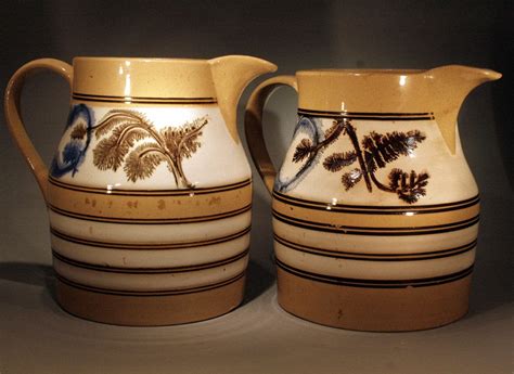 Antique Pair Of English Pottery Yellow Ware Mocha Pitchers Circa 1850