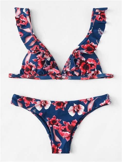 Flower Print Ruffle Bikini Set Shein Sheinside Biquini Ciganinha
