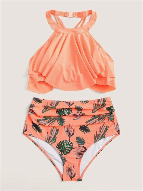 Orange Hanky Hem Halter Top Swimsuit With Tropical Bikini Bottom