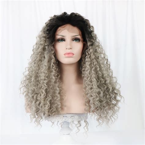 Synthetic Lace Front Wig Gray Long Hair Wigs Ombre Curly Afro Kinky