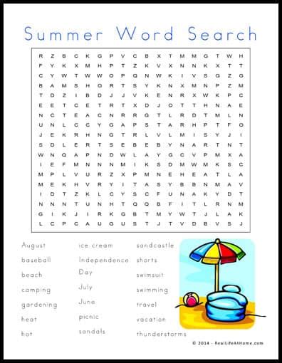 Summer Themed Word Search Printable