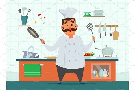 Chef Cooking On The Kitchen Vector Character In Cartoon Style