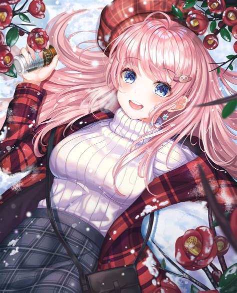 Download 3235x4009 Anime Girl Pink Hair Sweater Smiling Blue Eyes