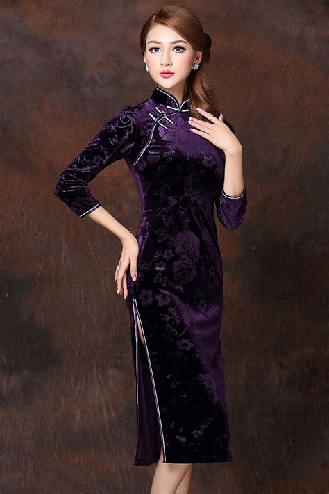 marvelous flowers velvet qipao cheongsam dress purple qipao cheongsam and dresses women