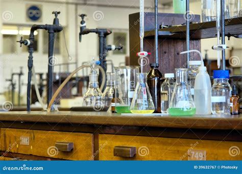 Glassware On Wooden Tables In Chemical Lab Stock Image Image Of