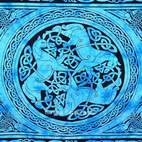 Usually ships within 2 to 3 weeks. Turquoise Blue Celtic Unicorn Three Horses Tie Dye Tapestry Wall Hanging - RoyalFurnish.com