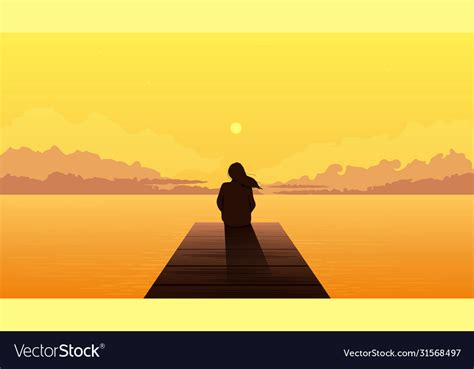 Lonely Girl Silhouette On Sunset Sad Alone Dreamy Vector Image