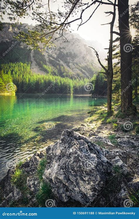 Green Lake In Styria With Mountain In The Background Austria Stock