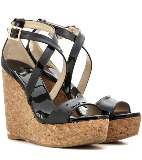 Lyst Jimmy Choo Portia 120 Patent Leather Wedge Sandals In Black