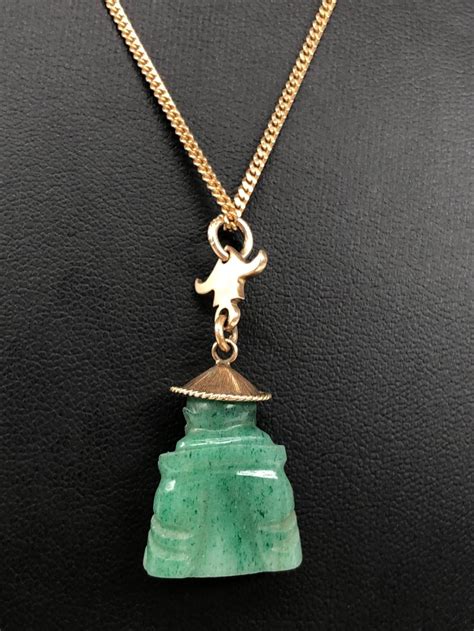 Lot 14k Yellow Gold Hand Carved Jade Pendant Necklace