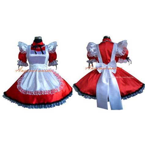 Sexy Sissy Maid Satin Red Dress Lockable Uniform Cosplay Costume Tailor