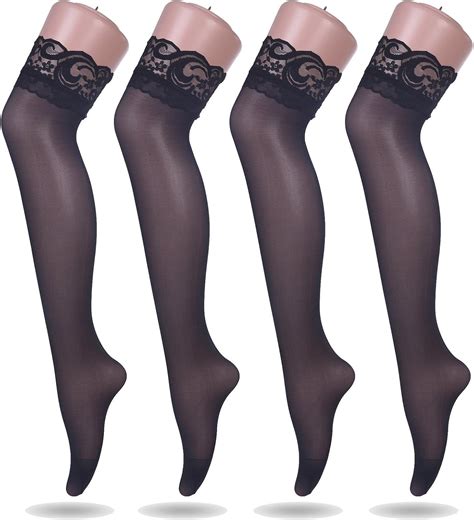 ruzishun women s lace thigh high silk stockings black 4 pairs amazon ca clothing and accessories