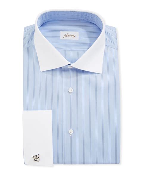 Brioni Striped Dress Shirt With Contrast Collar And French Cuffs Blue