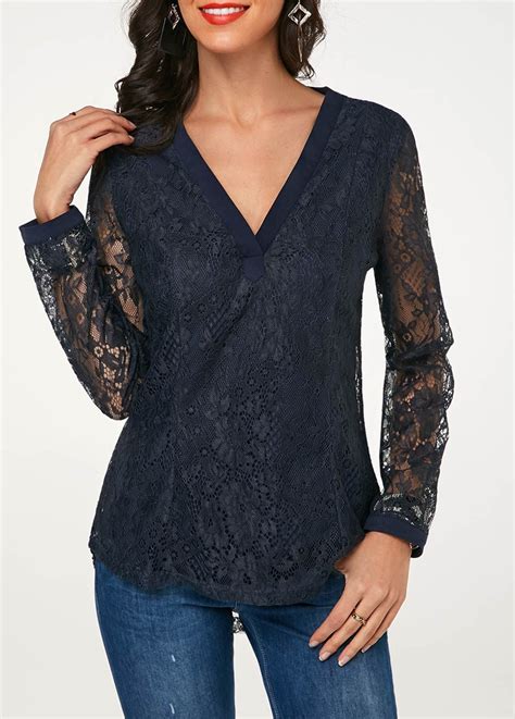 Navy Blue V Neck Long Sleeve Lace Blouse Blue Lace Blouse Trendy