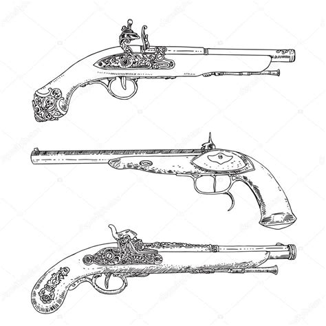 Three Vector Illustration Antique Flintlock Pistols Hand Drawn Retro