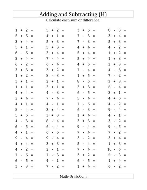 Math worksheets make learning engaging for your blossoming mathematician. 100 Horizontal Addition/Subtraction Questions (Facts 1 to 5) (H)… | Math fact worksheets ...