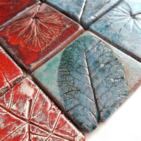 Handmade Ceramic Tiles Set Of 9 Plant Pattern Cozy Home Decor