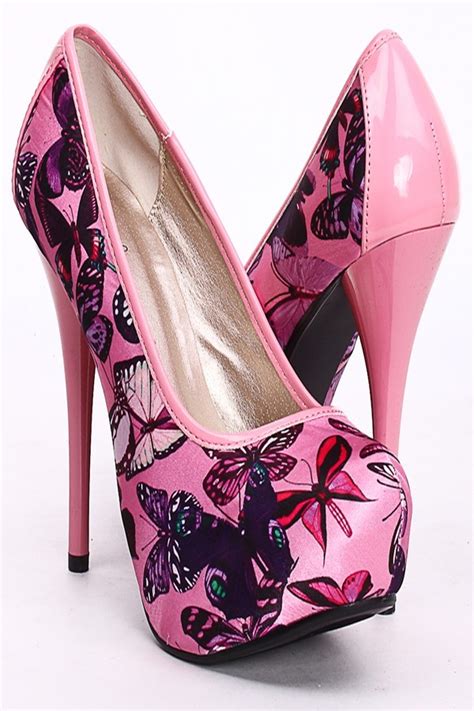 Pink Multi Faux Satin Butterfly Print High Heels 24 99 Hot High Heels Platform High Heels