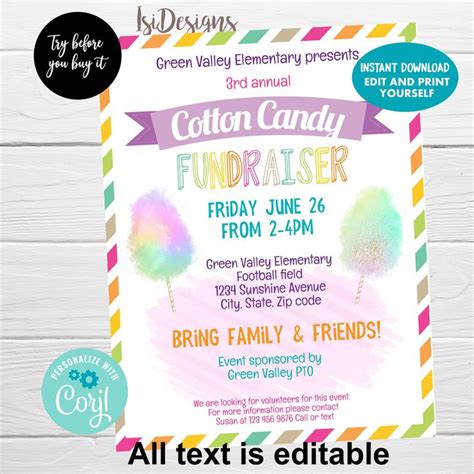 Cotton Candy Fundraiser Flyer Editable School Ptopta Cotton Etsy