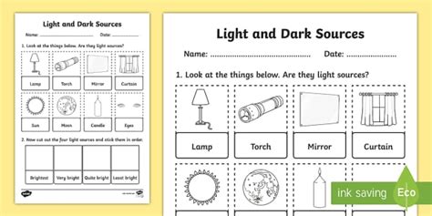 light  dark sources cut  stick worksheet