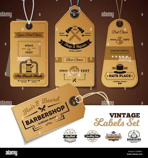 Set Of Vintage Labels Of Shops With Design Of 3d Cardboard Tags With