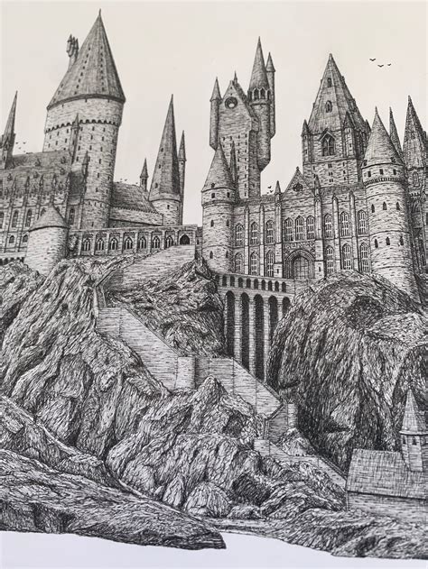 Hogwarts Castle Print Black And White Illustration From Etsy