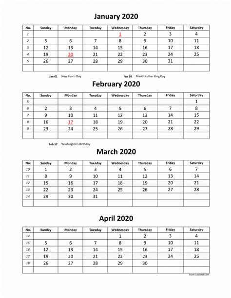 Free Download Printable Calendar 2020 4 Months Per Page 3 Pages