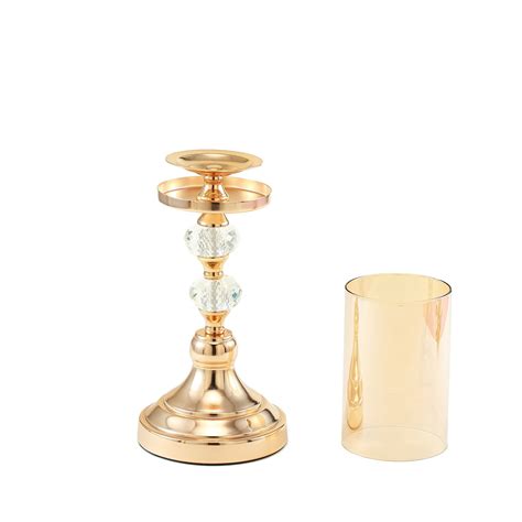 15 Tall Gold Metal Pillar Candle Holder With Hurricane Glass Tube