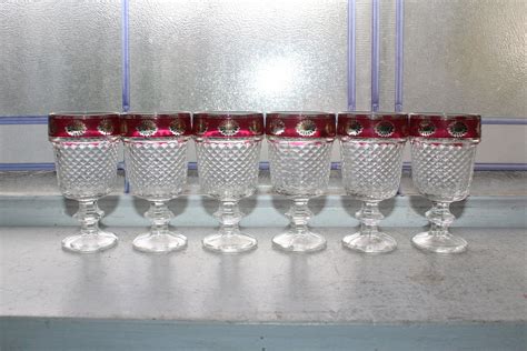 6 Vintage Cordial Glasses Gold And Ruby Flashed