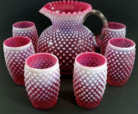 Vintage Cranberry Opalescent Hobnail Pitcher And Drinking Glasses Cups Fenton Tiffany Glass