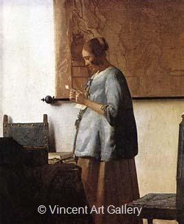 The central element of the painting is a woman in blue standing in front of a window (not depicted) reading a letter. Woman in Blue Reading a Letter by Johannes Vermeer - Oil ...