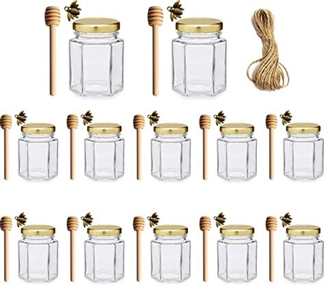 Adabocute 4oz Hexagonal Honey Jars Glass Honey Jars With Gold Lids Wooden Dippers