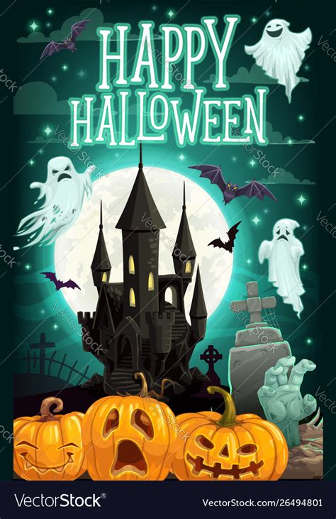 Halloween Ghosts And Pumpkins With Haunted House Vector Image