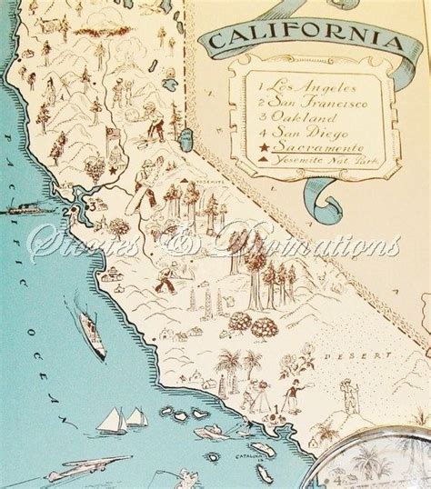 Fun California Picture Map Vintage Map Of California Aqua Beach