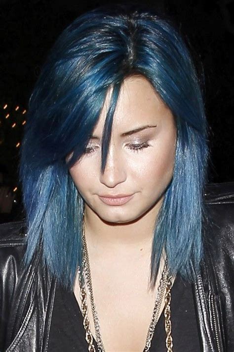 Demi Lovato Straight Blue Bob Overgrown Bangs Sideswept Bangs Uneven