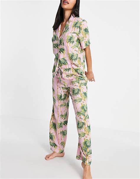 Asos Design Modal Palm Short Sleeve Shirt And Trouser Pyjama Set In Pink
