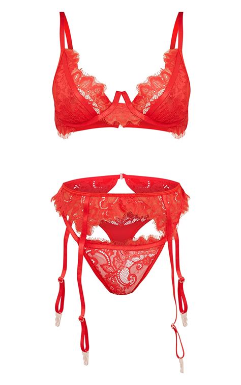 Red Floral Lace Underwired 3 Piece Lingerie Set Prettylittlething Qa
