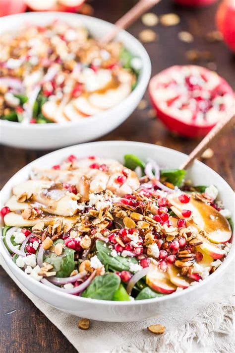 My apple pecan salad features crisp honeycrisp apples, rotisserie chicken, pecans, crumbled goat cheese and topped with an apple cider vinaigrette. Spinach Salad with Honeycrisp Apples, Pomegranates, and ...