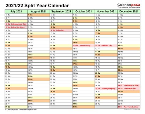 Split Year Calendars 20212022 July To June Excel Templates