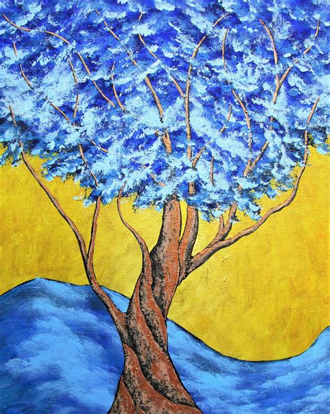 A Painting Of A Tree With Blue Leaves And Yellow Sky In The Background